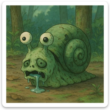 zombie snail, ghibli style, eerie but cute, greenish shell, drooling, big eyes sticker
