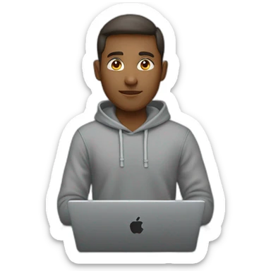 A white software developer in a gray hoodie in front of an apple laptop sticker