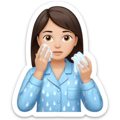 Mujer en pijama lavando su cara, tiene el pelo cafe oscuro y tez blanca sticker