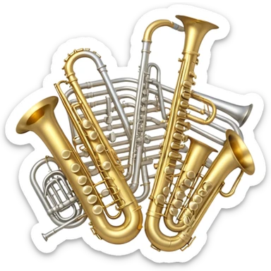Create a professional, harmonious emoji collage symbolizing wind instruments.  The instruments should be in metallic gold, silver, and brass tones, with subtle reflections to convey a professional and polished appearance. Add soft musical notes or soundwaves to surround the instruments, creating a sense of movement and sound. The background should be transparent, ensuring all instruments are the focus and the composition remains harmonious and balanced. sticker
