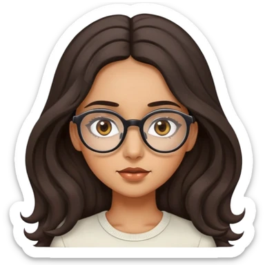 Girl shrugging with olive skin, brown eyes with long eyelashes and dark wavy long hair and large eyeglasses on top of head sticker