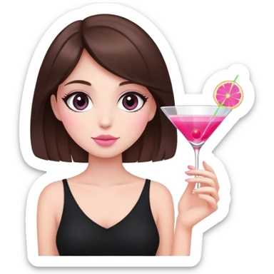 brunette hair down girl black top holding a pink cosmo sticker