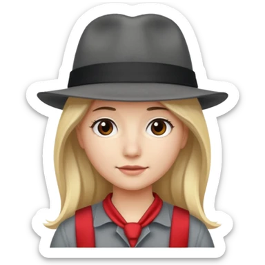 A person with long blond hair, wearing a gray fedora with a black band and a red headband underneath. sticker