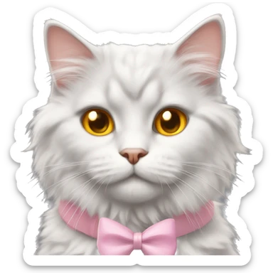 gray and white fluffy cat yellow and orange eyes with pink bow collar sticker