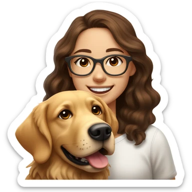 Smiling girl with long dark wavy brown hair and red glasses next to a small shaggy golden Labrador dog with brown eyes sticker