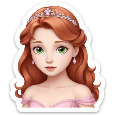 Cinematic Elegant Sleeping Beauty Portrait Emoji, rendered in a realistic, vector-style with minimal shading and bold, simplified shapes. Depict Aurora (Sleeping Beauty) (chest and above) with delicate porcelain skin, soft auburn hair styled gracefully, and gentle, dreamy eyes, dressed in her classic pink gown. The image glows with a soft, enchanting radiance and high shine, capturing timeless regal beauty. sticker