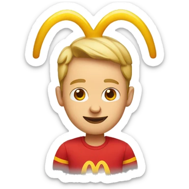 guy with big ears wearing red shirt with mcdonalds symbol sticker