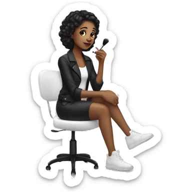 White black haired girl sitting at a white vanity getting ready using her makeup  sticker