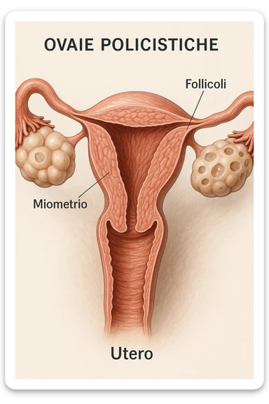 Illustrazione 3D medica realistica: ovaie policistiche con follicoli multipli, utero in sezione, dettagli clinici, colori realistici, didascalie in italiano, aspect ratio 2:3. sticker