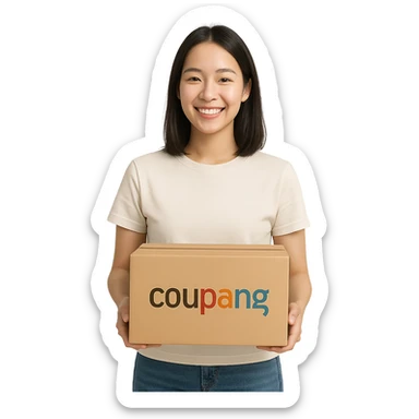 young woman holding a Coupang delivery box, smiling, modern feeling, simple style sticker