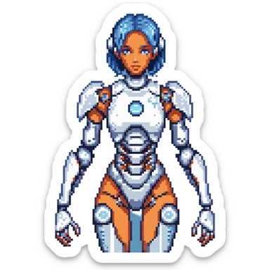 futuristic cyborg girl with robotic limbs in blue and silver palette sticker