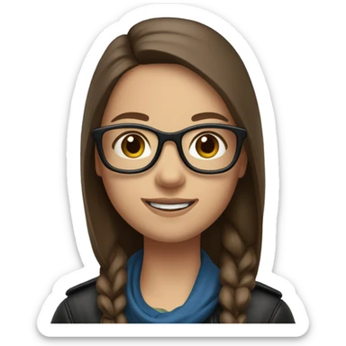 Slavic girl with long straight brown hair, fair skin, dark brown eyes, smile, black glasses, wearing a blue scarf around her neck and a leather jacket. sticker