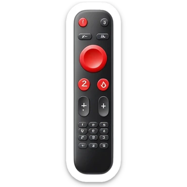 One black tv remote control with red border, frontal face in  2 dimensions. The remote control have to have 4 buttons in black and one big one in red and the play sign sticker