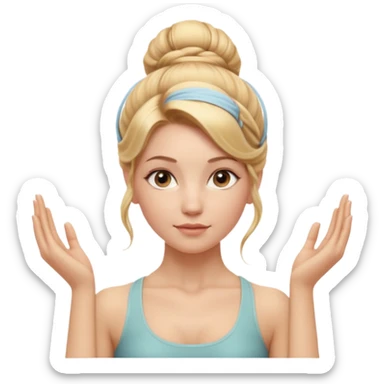 Cinematic Realistic yoga Portrait, depicted with lifelike skin texture, subtle rosy undertones, and soft natural lighting that enhances the gentle contours of her face. Her intricately detailed golden blonde hair is elegantly styled in an updo, sticker