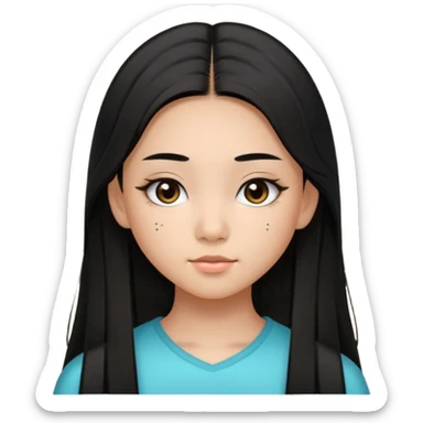 a tan chinese-american 15 year old girl with middle part long straight black hair down to her chest. mascara  sticker