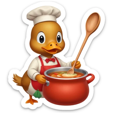 A duck wearing red apron stirring soup in a small pot, looking very focused. sticker