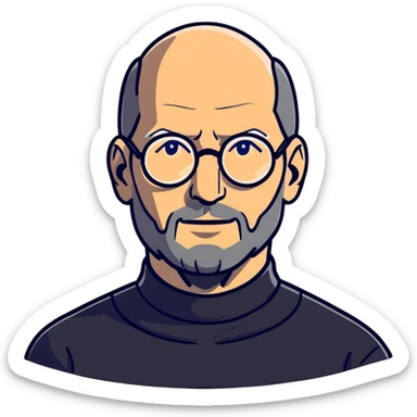 Steve Jobs with black turtleneck, round glasses, beard sticker