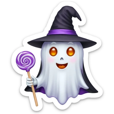 cute and spooky Halloween emoji — a ghost wearing a witch hat and holding a lollipop sticker