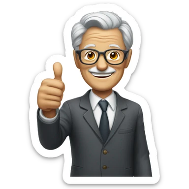 smiling old man with grey hair on the side and light glasses in a suit with thumb up sticker