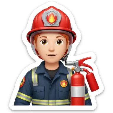 red haired Firefighter with respiratory protection with fire extinguisher sticker
