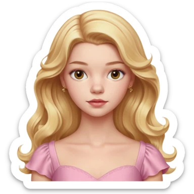 Cinematic Realistic Anya Taylor Joy Portrait, depicted with lifelike skin texture, subtle rosy undertones, and soft natural lighting that enhances the gentle contours of her face. Her intricately detailed golden blonde hair is elegantly wavy, and pink dress sticker