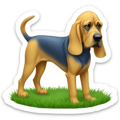 blue and yellow bloodhound sniffing the grass.  sticker