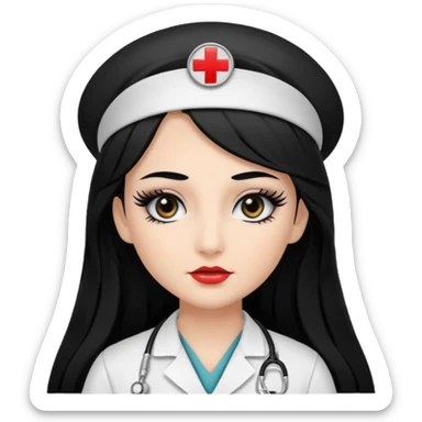 Nurse, long hair,black hair, black eyes, false eyelashes, makeup, eyeliner,  sticker