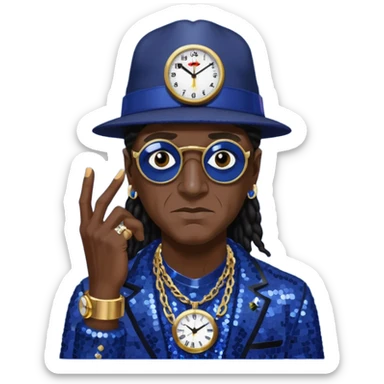Flavor Flav with dark brown hair, indigo sequin outfit, black hat sticker