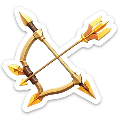 Clash of Clans aesthetic: Cinematic Playful 3D Isometric Bow & Arrows Emoji, rendered in a 3D vector-style similar to standard emojis with minimal shading and bold, simplified shapes. A compact, distinct form with signature details, softly glowing with a fantasy RPG magic charm. Simplified yet unmistakably iconic, highly detailed and consistent, glowing with a soft radiance and high shine. Stylized with a touch of heroic grandeur and a soft glowing outline, capturing the essence of a beloved gaming relic with a friendly, playful manner! sticker