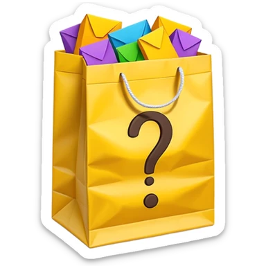 White bag with yellow questions mark cube boxes stuffed in it sticker