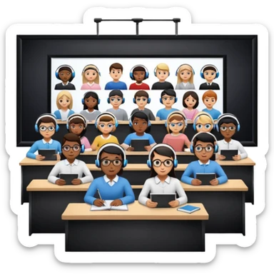 Birdseye view of large study space with students working separately add students wearing Vision Pro headsetd sticker