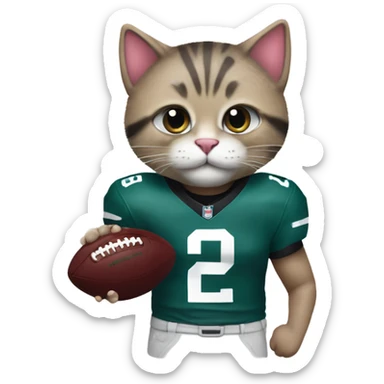 Super cute fuzzy cat with a quinnen Williams nfl jersey holding football sticker