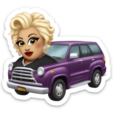 A fat drag queen with blonde hair and crazy make up wearing a non-matching outfit with really high heels sitting on top of the car sticker