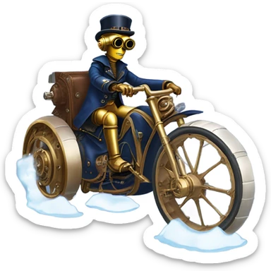 C-3PO wearing a pair of navy-blue rimmed steampunk goggles, hat, leather chaps, fringe jacket riding a fast 3 wheeler trike steampunk motorcycle on ice  sticker