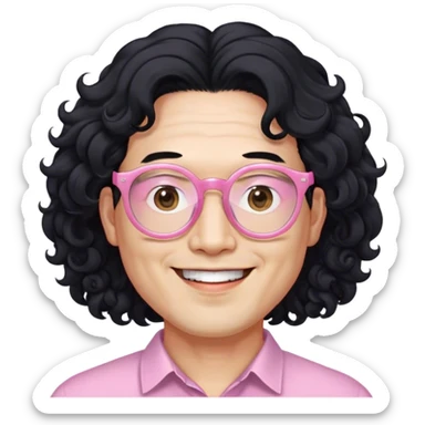 korean man in their40's with long curly hair to their jaw and shaved underneath on both side. light pink glasses and a smil sticker