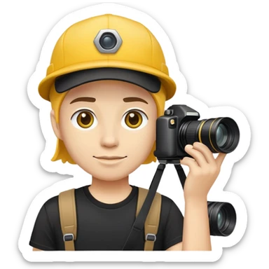 Photographer with a camera, yellow cap, black T-shirt sticker