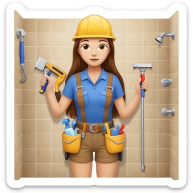 beautiful girl with long brown hair constructing new bathroom area with new shower and amenities  sticker