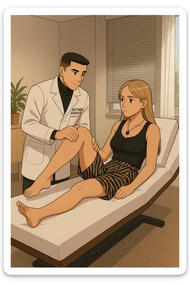 fai un webtoon/manga a colori con questo kinesiologo in camice bianco (fagli la scritta "ANTONIO ANANIA" SUL CAMICE) CHE SVOLGE UN TEST NEUROMUSCOLARE SOLLEVANDO UNA GAMBA ALLA RAGAZZA CHE è STESA SU UN LETTINO BIANCO. STANZA SEMPLICE E MODERNA, DURANTE IL TEST I DUE DIALOGANO TRA LORO. NON FARE I FUMETTI, FAI SOLO LORO COME SE DIALOGASSERO sticker