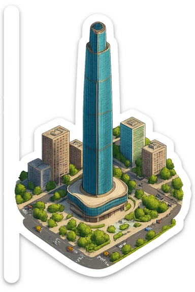 Изометричная, яркая, детализированная, объемная и фотореалистичная иллюстрация башни Guangzhou CTF Finance Centre. В стиле 3D-коллажей городов, насыщенные цвета, аккуратные и чёткие линии, мультяшно-реалистичная стилистика. Чёткие контуры, не размазанные линии, высокое качество, прозрачный фон, не обрезать края картинки sticker