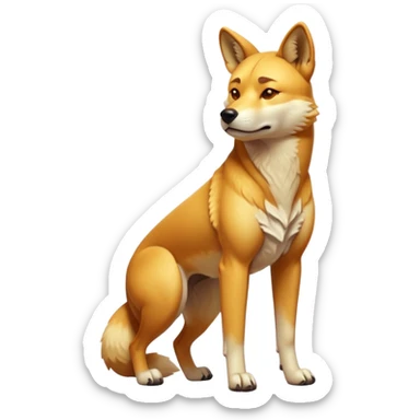 cinematic-dingo-realistic-full-body-standing-emoji,-lean-muscular-frame-poised-alertly,-golden-amber-fur-glowing-in-the-sun,-head-tilted-dramatically,-sharp-dark-eyes-filled-with-cunning,-simplified-yet-realistic-focused-features,-highly-detailed,-glowing-with-an-almost-sarcastic-glow sticker