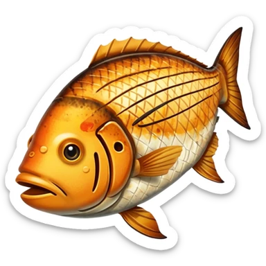 create a Whole good brownish Grilled Fish Camera angle: slightly elevated top-down view with a gentle bird’s-eye perspective (about 15–20°), identical perspective and scaled do not add anything on plate

 sticker