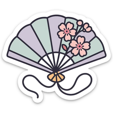 elegant Chinese fan with cherry blossom flowers and curved cords, high detail, complex shadows and highlights, thin clean outlines, soft rounded shapes, pastel palette #98B5BC, #B5B3C1, #C9A3C9, #E4C0CA, #F7DCD1, #F7C0AA, modern Japanese pop art and sticker aesthetic, soft lighting, transparent background sticker