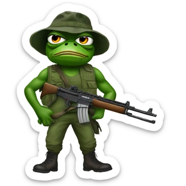 Pepe the Frog as John Rambo, typical meme style sticker