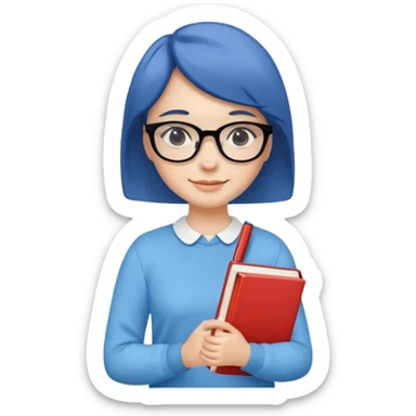 A smart and cute girl with short hair, wearing sky blue clothes,
I hold a book in one arm. There is a pen in the book.
He is wearing black-rimmed glasses and smiling brightly. sticker