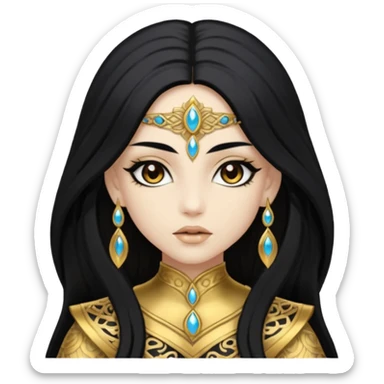 Akasha with white skin, brown eyes, black long hair, gold outfit sticker