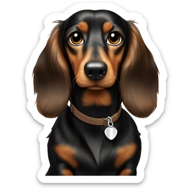Black and Brown medium long hairs dachshund with a bone collar that says “Benny” sticker