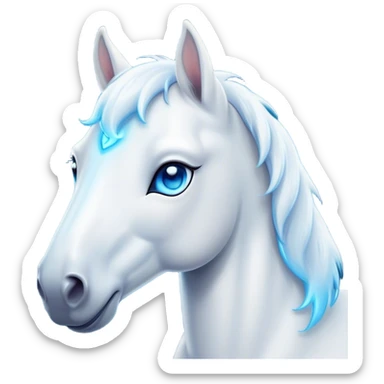 Cinematic Cute White Horse Portrait Emoji, Head tilted playfully and inquisitively, showcasing a glossy white fur with a luminous sheen and gentle, expressive blue eyes, Simplified yet irresistibly adorable features, highly detailed, glowing with a warm, friendly glow, high shine, affectionate and spirited, stylized with a touch of whimsy, bright and endearing, soft glowing outline, capturing the essence of a mischievous yet loving horse, so playful it feels like it could prance out of the screen and into your arms! sticker