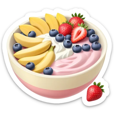 Pastel colore bowl with cut strawberries, cut bananas, cut mangos and blueberries with light pink yogurt  sticker