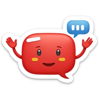 Minimal red emoji character shaped like a rounded speech bubble, with a soft face and two white lines inside symbolizing text. Small arms and legs, looks energetic and helpful. Represents short and clear communication. Flat emoji style on white background, clean and cheerful sticker