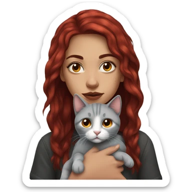 Girl with dark red hair and septum piercing holding grey cat sticker
